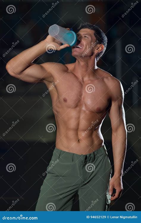 Athlete With Muscular Body Drinks Water Stock Image Image Of