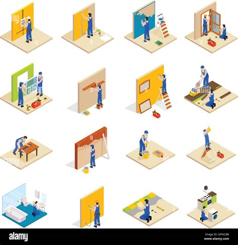Home Repair Isometric Set With Workers Doing Maintenance Isolated