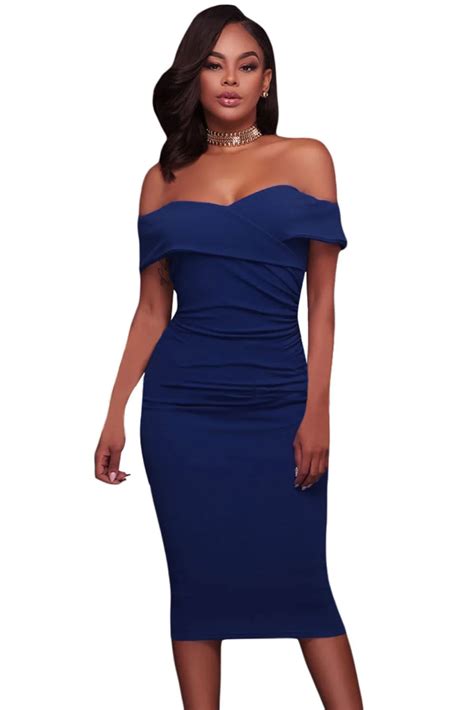 Royal Blue Ruched Off Shoulder Bodycon Midi Dress 2017 Modest Pleated Knee Length Mermaid Women