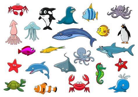 Dibujos Animados Mar Peces Mar Animales Vectores Iconos Y — Vector De
