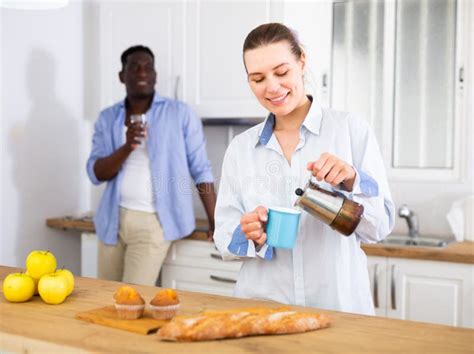 Cheerful Wife And Husband Drinking Coffee At Home In Morning Stock Image Image Of Home Person