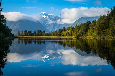 New Zealand Scenery Mountains Lake Forests Clouds Lake Matheson Nature