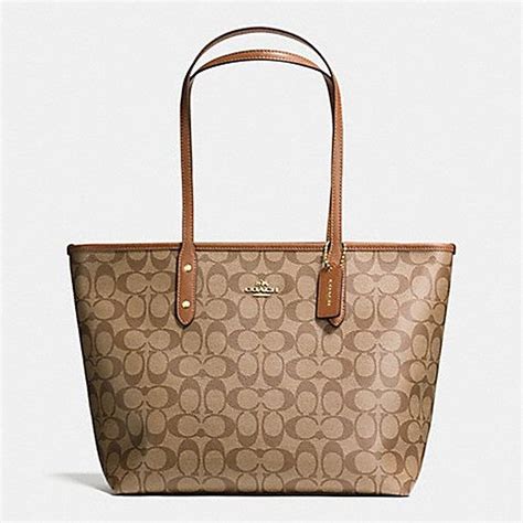 Coach City Zip Tote In Signature Coach F36876 Light Goldkhakisaddle