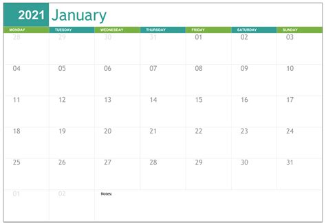 Free Editable January Calendar 2021 Blank Template