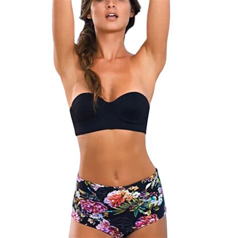 women sexy bandeau bikini set strapless tankini top floral printed high waist bikini bottom