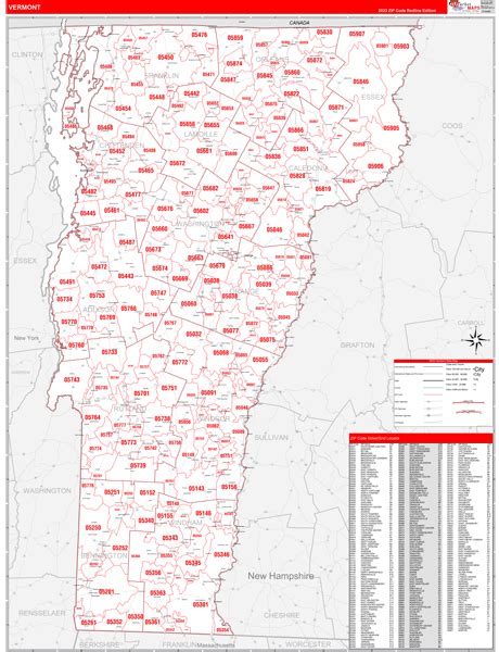Vermont Zip Code Wall Map Red Line Style By Marketmaps Mapsales