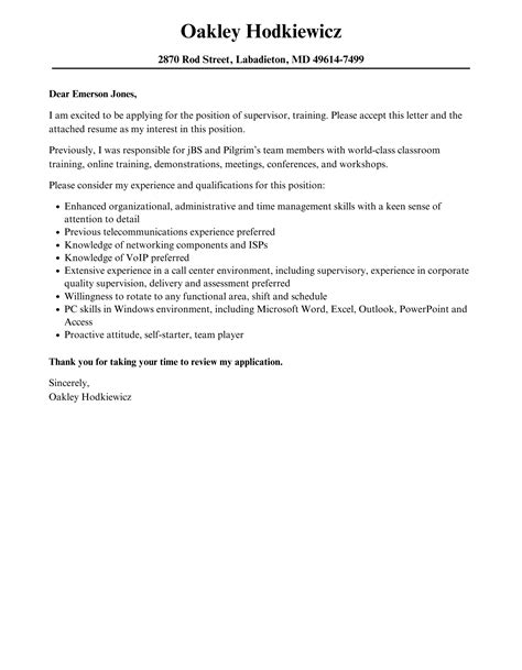 Supervisor Training Cover Letter Velvet Jobs