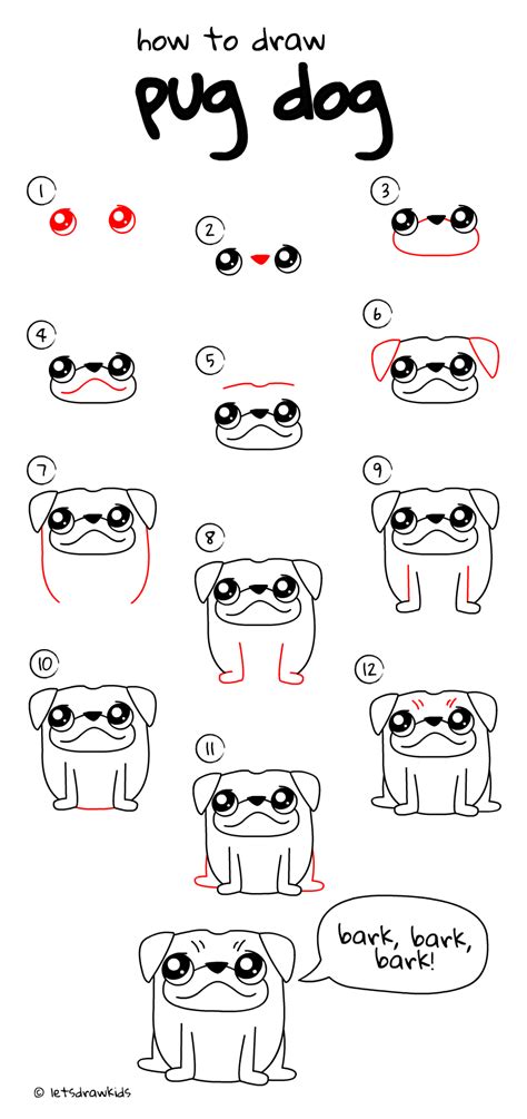 Your child can hold a pencil can start drawing cute things. How to draw Pug dog. Easy drawing, step by step, perfect ...