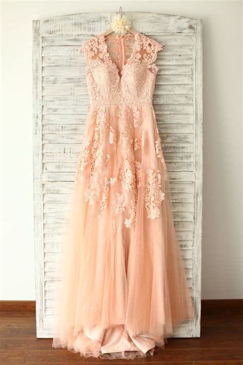 Custom Make Peach Pink Lace Tulle Wedding Dress V By Misdress Bridal