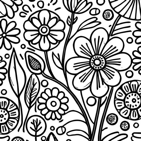 Abstract Black And White Monochromatic Hand Drawn Flowers Texture