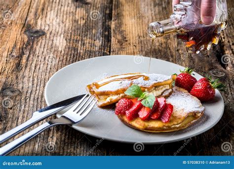Filled With Homemade Pancakes With Strawberries Stock Photo Image