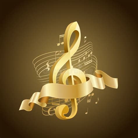 Golden Musical Treble Clef With Abstract Lines And Notes Ribbon Stock