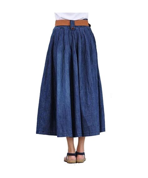 Womens Elastic Waist Pleated Flared Denim Long Skirt Dark Blue