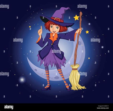 Illustration Of A Witch Holding A Broom With A Moon And Stars At The