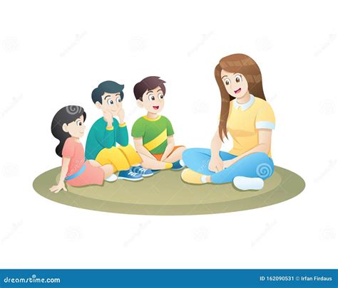 Teacher And Little Kids Sitting On Soft Carpet And Learning Stock