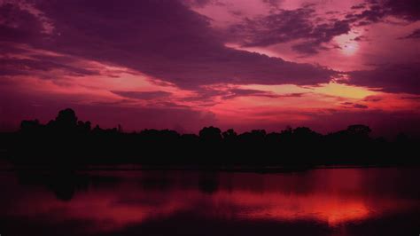 Wallpaper Twilight Lake Trees Sunset Sky Purple Dark Hd Picture