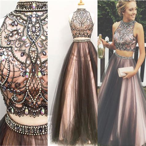New Arrival Black Pink 2 Pieces Ball Gown Prom Dresseshigh Neck Beaded