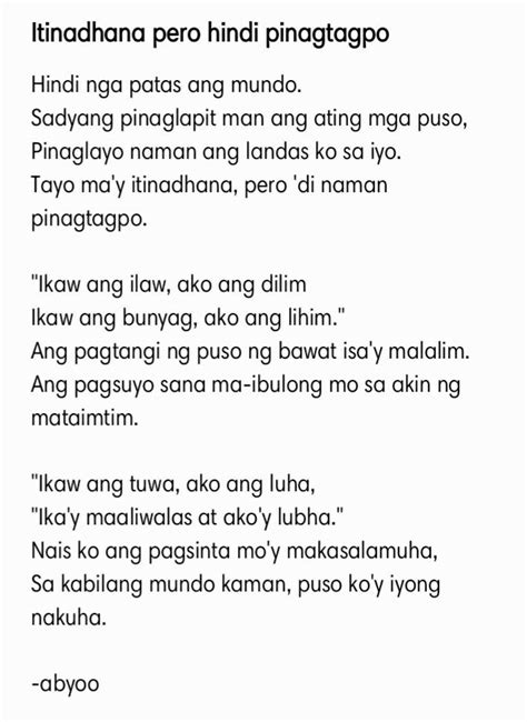 Tula Tagalog Itinadhana Pero Hindi Pinagtagpo Filipino Poems