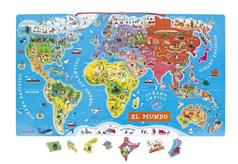 Janod J05503 Wooden Magnetic World Map Puzzle Spanish Version 92