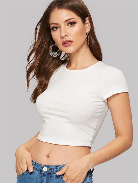 Shein Form Fitting Ribbed Cropped Tee Slim Fit Crop Top Cropped White Tee Crop Tops Women