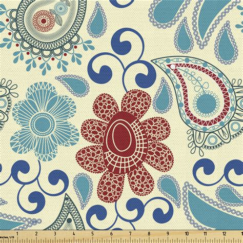 Blue Paisley Fabric By The Yard Vintage Style Flowers Folkloric Effect