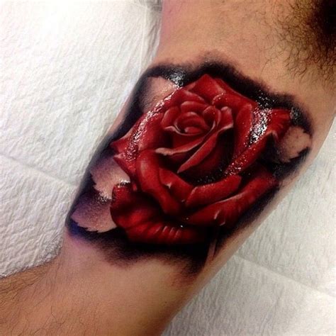Vibrant Red Rose Tattoo With Black Shadowing Coloured Rose Tattoo