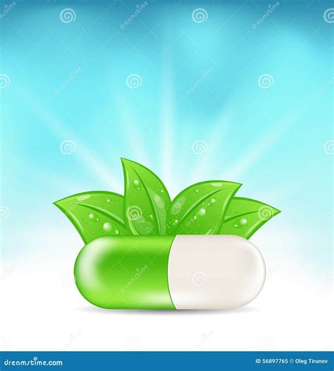 Natural Medical Pill with Green Leaves Stock Vector - Illustration of