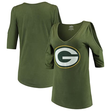 Women S Green Bay Packers Majestic Threads Green Cold Shoulder 3 4 Sleeve V Neck T Shirt