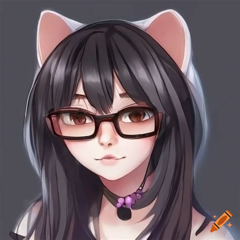 shy catgirl with glasses black hair dark brown eyes