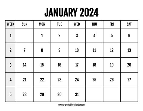 Calendar 2024 January A Printable Calendar