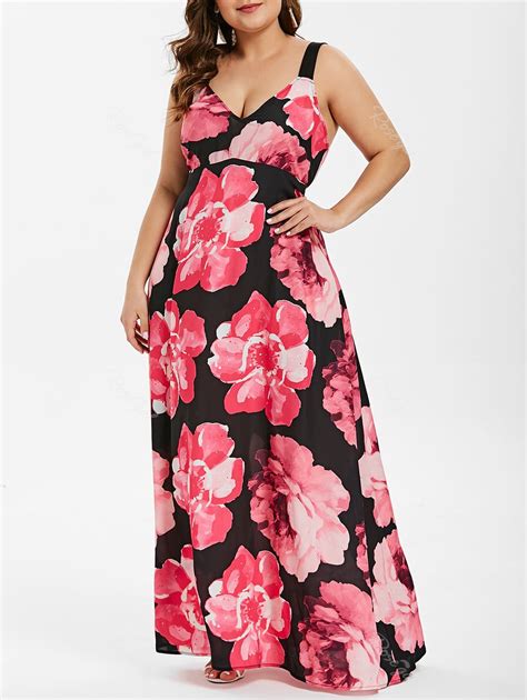 V Neck Plus Size Floral Print Chiffon Maxi Dress Off Rosegal