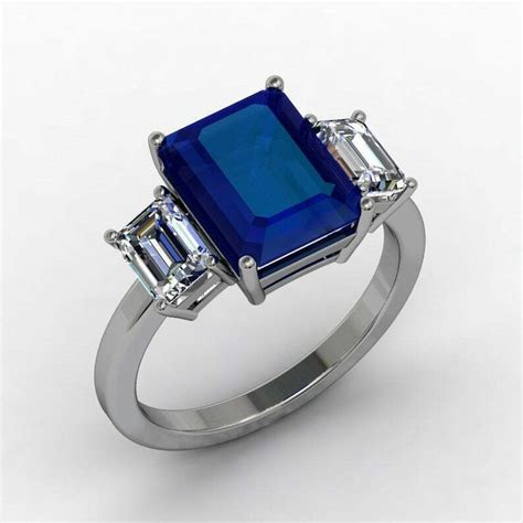 5ct Emerald Cut Blue Sapphire Three Stone Engagement Ring 18k White