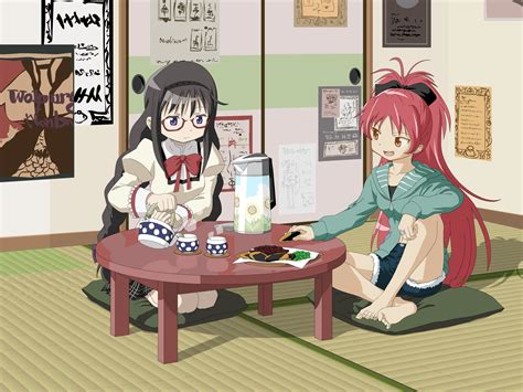 2girls Akemi Homura Barefoot Black Hair Bow Braids Brown Eyes Drink Food Glasses Headband Long