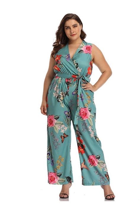 Plus Size Floral Jumpsuit With V Neck And Sleeveless