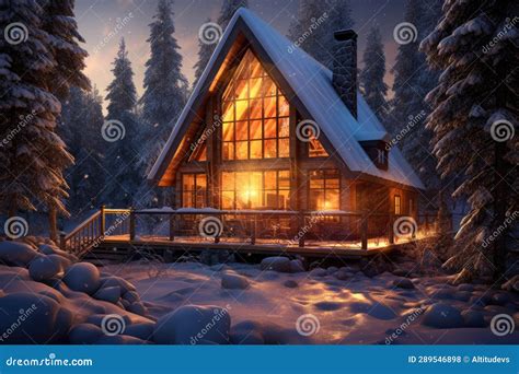 Snow Covered Cabin With Warm Glowing Windows Stock Photo Image Of