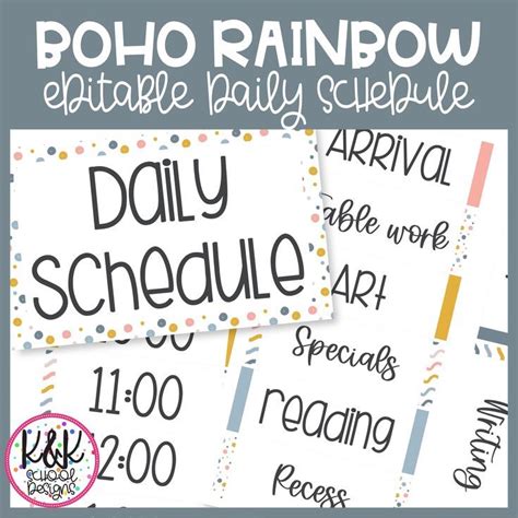 Editable Modern Boho Rainbow Visual Classroom Daily Schedule Chart