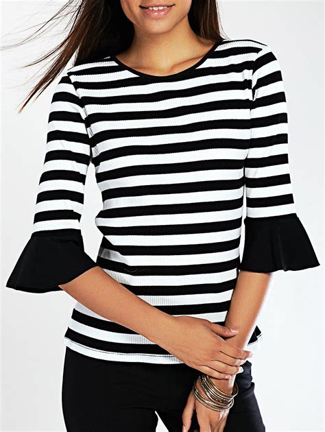 35 Off Stylish Flare Sleeve Striped Womens Knitted T Shirt Rosegal