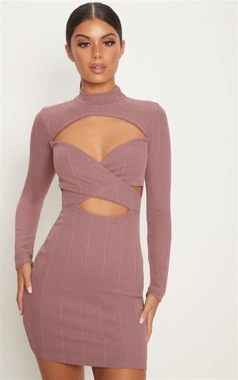 Mauve Bandage High Neck Cut Out Long Sleeve Bodycon Dress Prettylittlething Ca