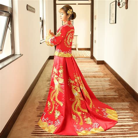Red Embroidery Dragon Phoenix Chinese Style Wedding Dress Qipao Long Sleeve Cheongsam Vintage