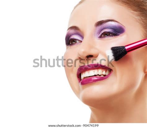 Portrait Attractive Young Women Applying Blusher Stock Photo 90474199