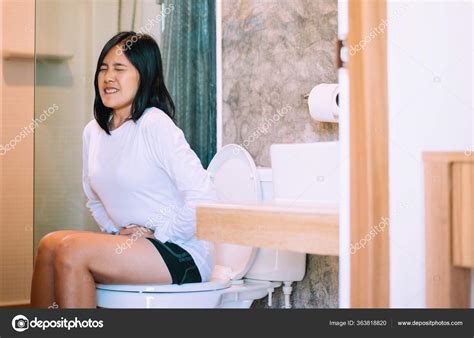 Asian Woman Sufferring Hemorrhoids Constipation Toilet Female Need Use Toilet Stock Photo By