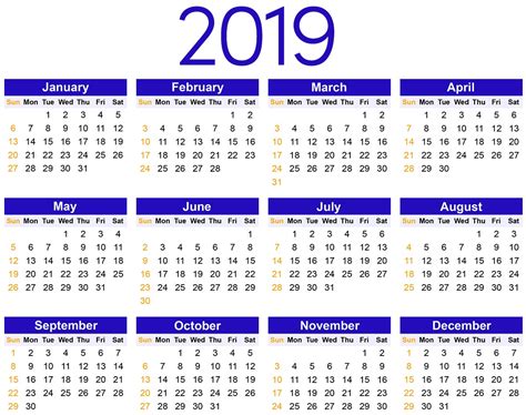 2019 Editable Yearly Calendar