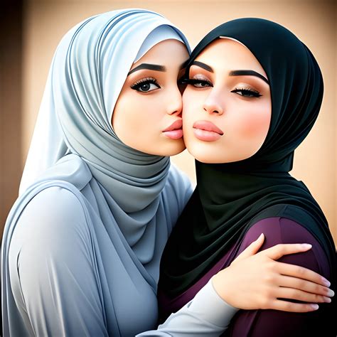 Two Sexy Hijab Babes Model Beautiful Face Kissing Arthubai
