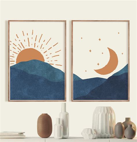 Sun And Moon Wall Art Abstract Landscape Boho Sun And Moon Print