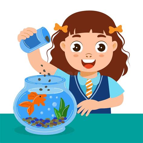 Cheerful Little Girl Feed A Fish In A Glass Aquarium Pet Care Concept