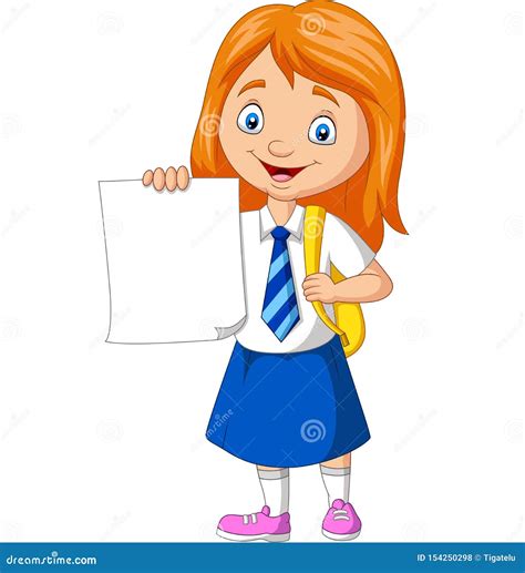 Cartoon School Girl In Uniform Holding Blank Paper Vector Illustration