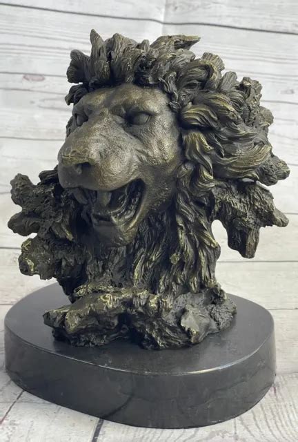 Roaring Lions Head Lion Bust Bronze Sculpture Statue Figure Marble