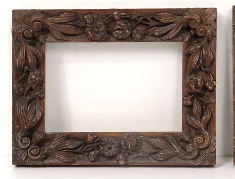 Pair Of Carved Wooden Carved Foliage Flowers Antique Frame 19th Century