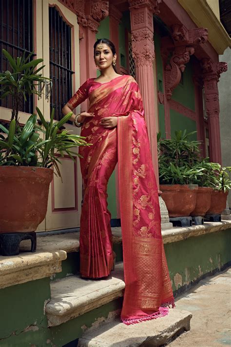 Vardha Bright Pink Golden Zari Banarasi Satin Silk Saree In 2022 Saree Designs Silk Dress