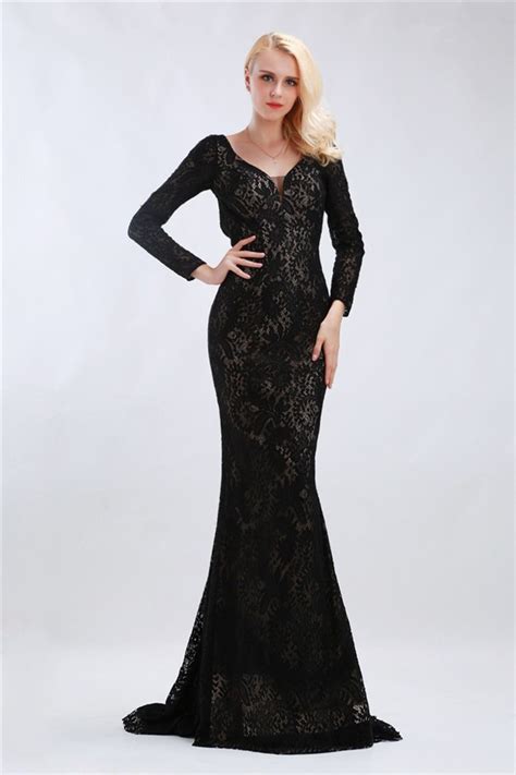 Fitted V Neck Open Back Long Sleeve Black Lace Formal Occasion Evening Dress